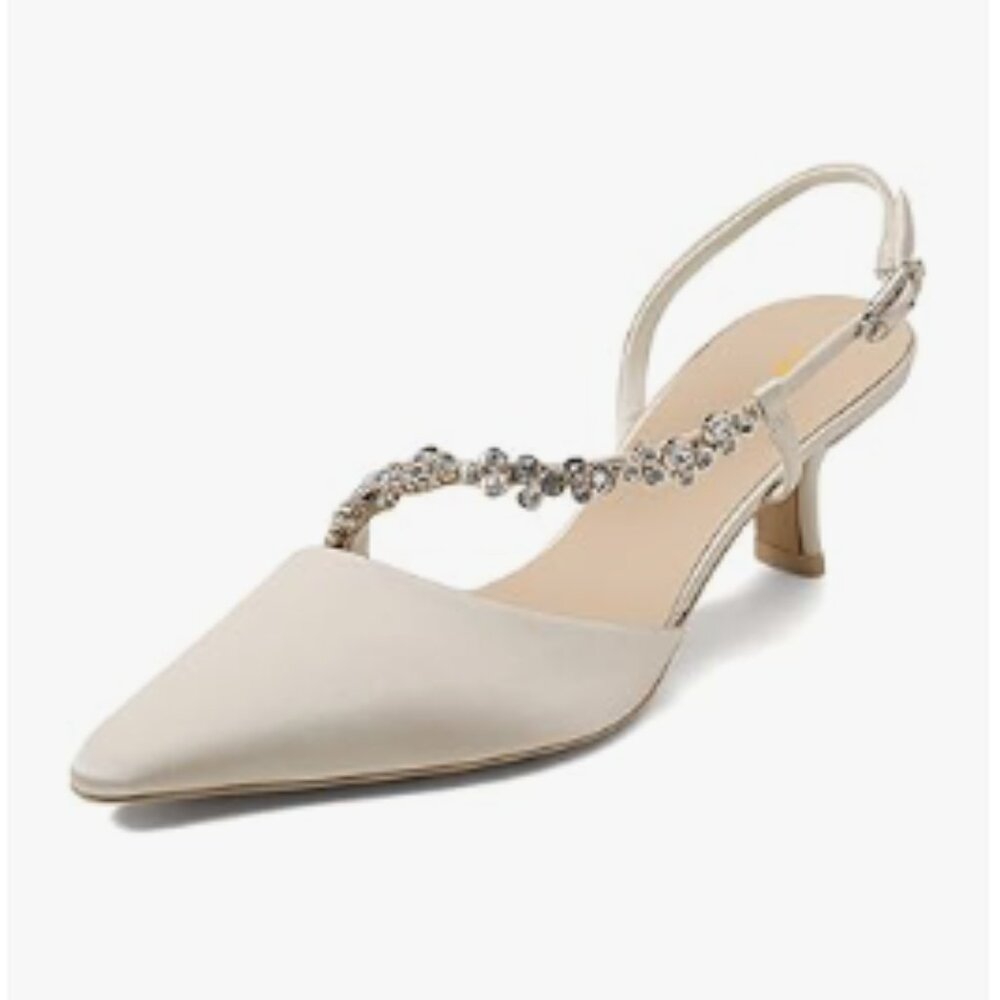 Pazzion White Pointed Toe Crystals Studs Slingback Kitten Heel Buckled Sandals